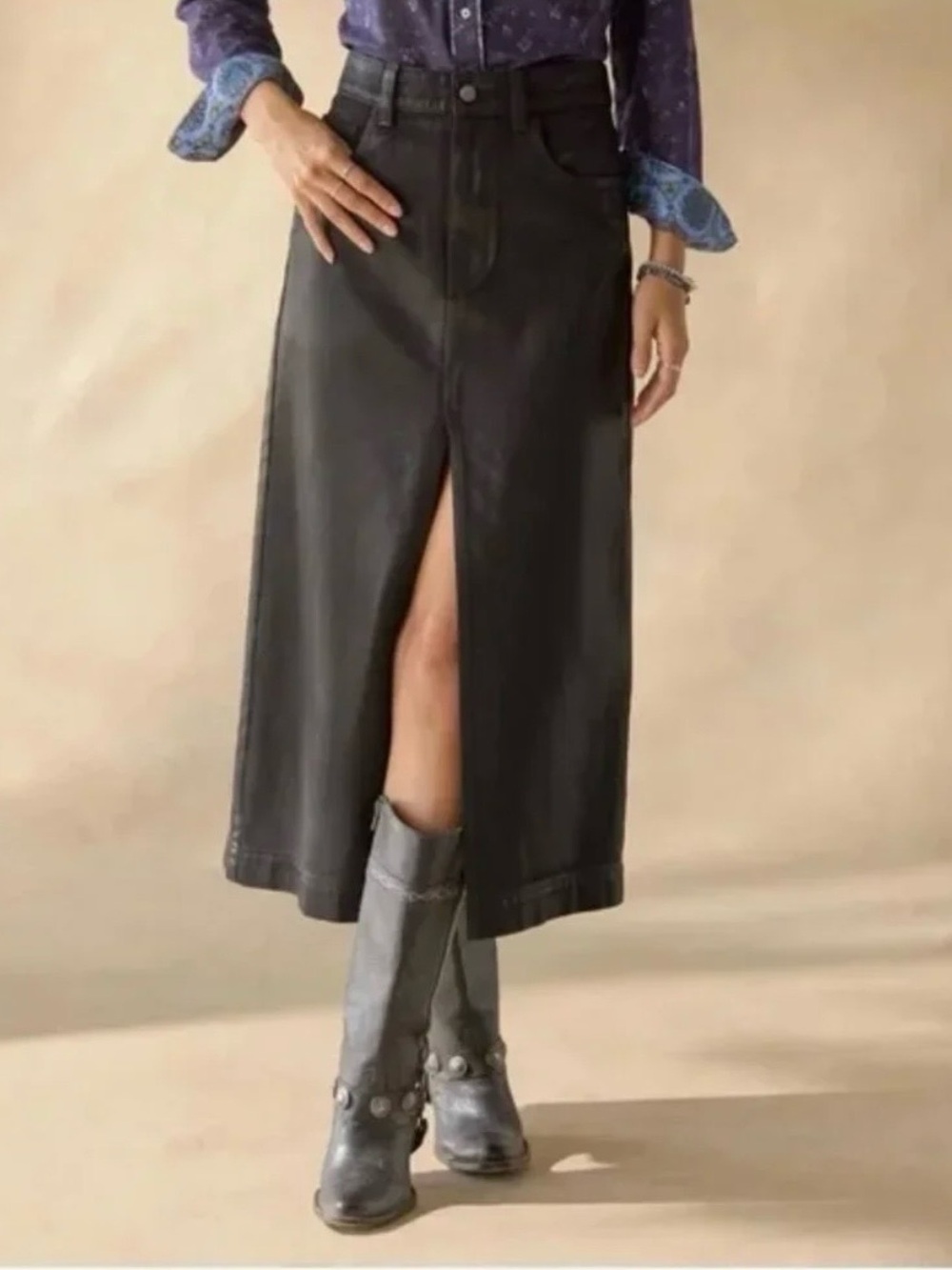 Sundance women’s size P29 Black Midi faux leather Denim Skirt Front Slit